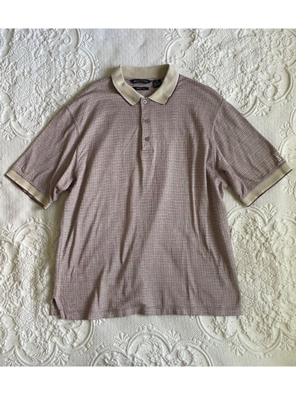 Vintage PGA Tour Mens XL Mercerized Cotton Golf Shirt Beige-Burgundy Geometric P